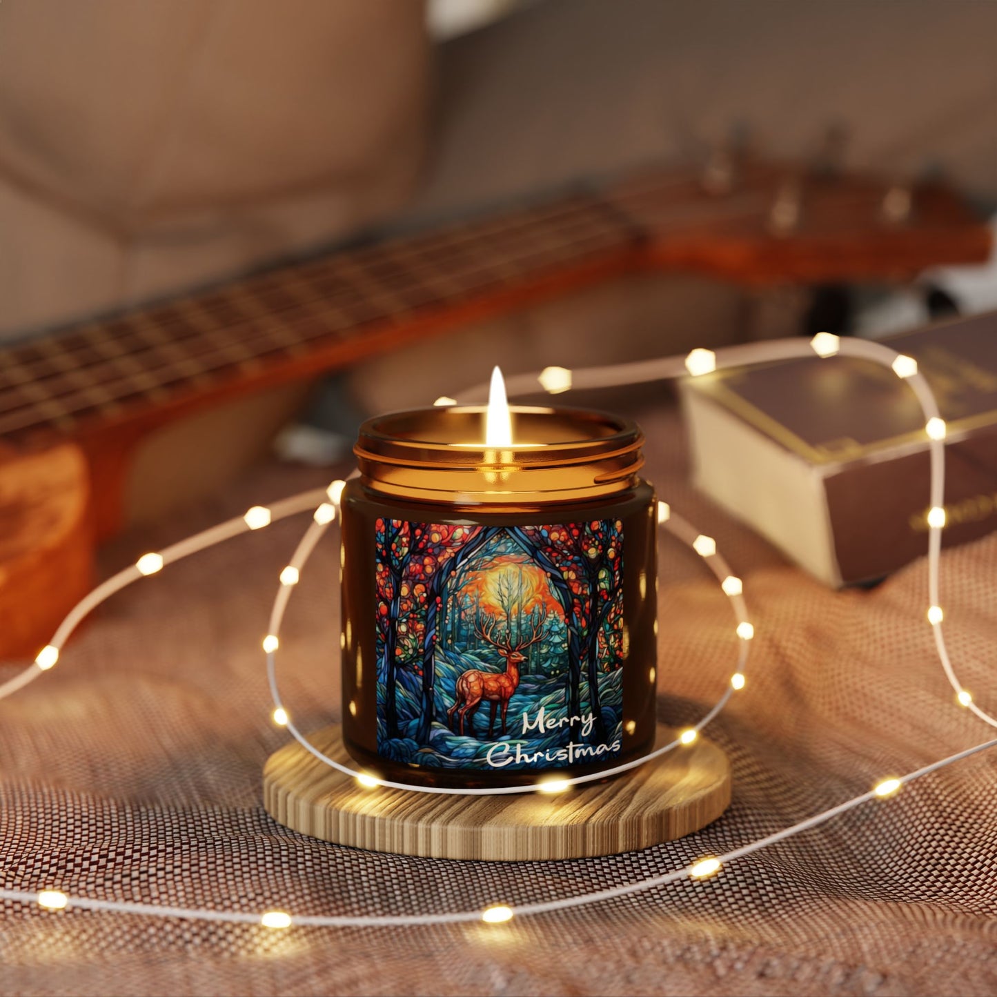 Stained Glass Deer Merry Christmas Soy Wax Amber Jar Christmas Candle | Christmas Variety Scented Candle, Four Different Scents To Choose