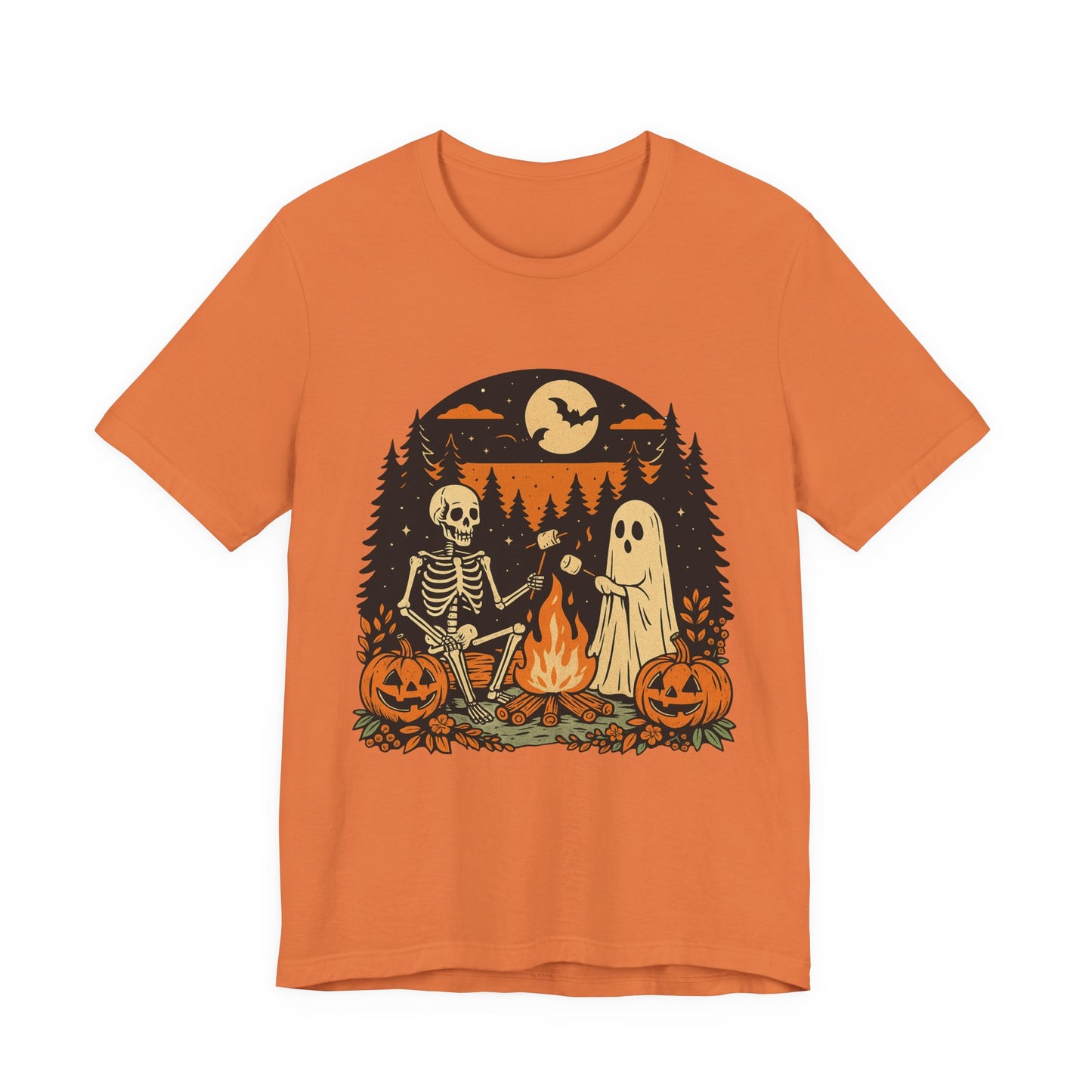Autumn Campfire Halloween Ghost & Skeleton Tee, Unisex Halloween Shirt, Party T-Shirt, Spooky Season Apparel, Fall Festive Top, Ghoulish Graphic Tee