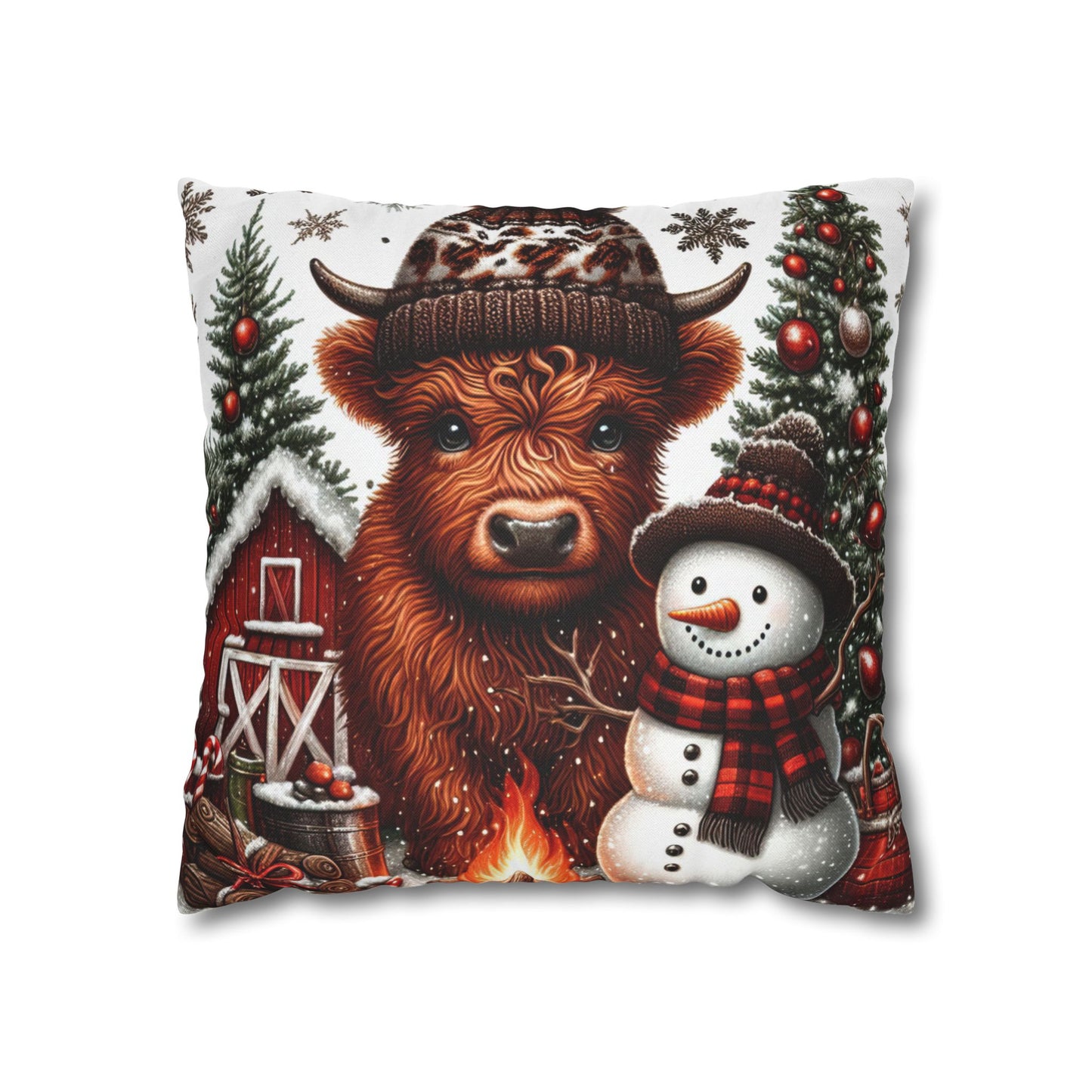Christmas Highland Cow & Snowman Christmas Pillowcase | Holiday Decorative Throw Pillow Cover COVER ONLY