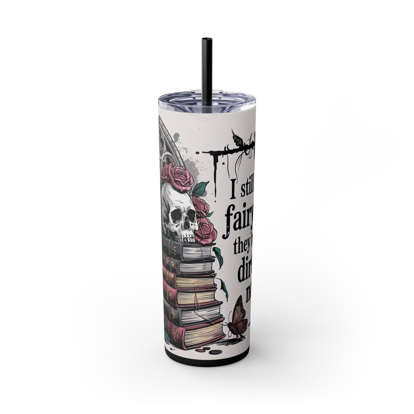 Gothic Dark Fantasy Romance Lover 20oz Skinny Tumbler With Straw, BookTok Girly Skull Design, Perfect Gift for Readers, Halloween Decor
