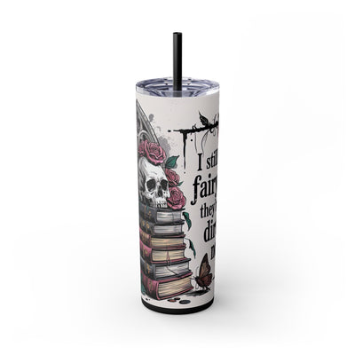 Gothic Dark Fantasy Romance Lover 20oz Skinny Tumbler With Straw, BookTok Girly Skull Design, Perfect Gift for Readers, Halloween Decor