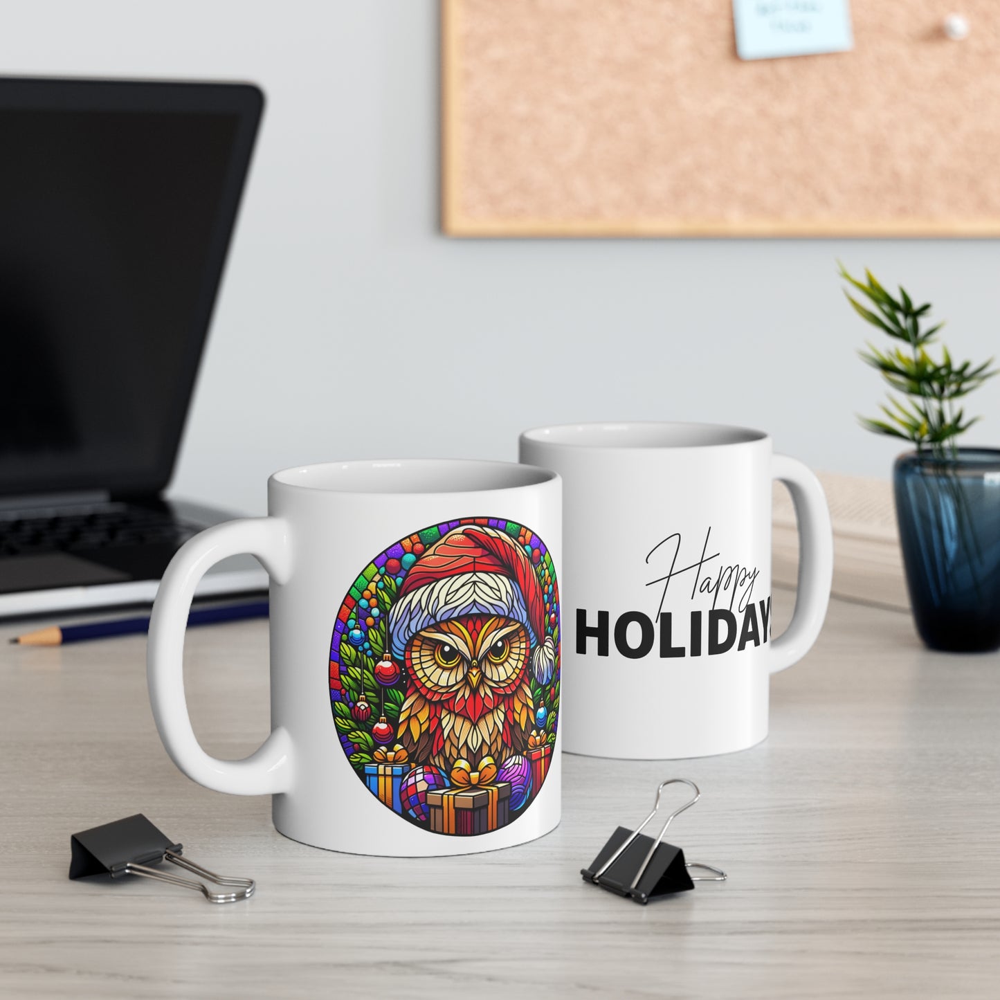 Festive Owl 11oz Christmas Mug  - Holiday Cheer Coffee Cup with Colorful Stained Glass Design