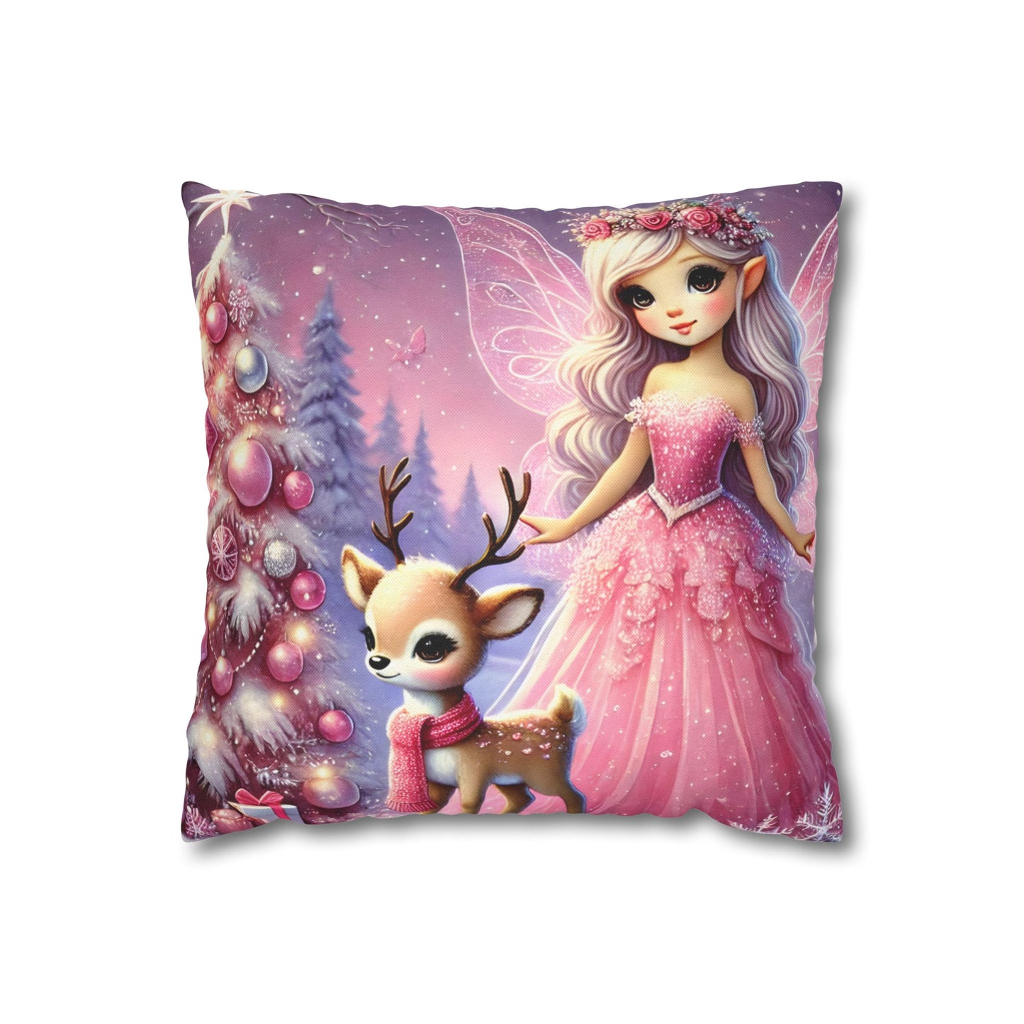 Fairy Princess & Reindeer Christmas Pillowcase | Holiday Decorative Throw Pillow Cover COVER ONLY