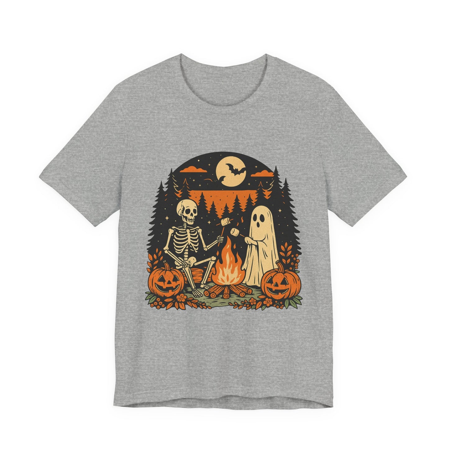 Autumn Campfire Halloween Ghost & Skeleton Tee, Unisex Halloween Shirt, Party T-Shirt, Spooky Season Apparel, Fall Festive Top, Ghoulish Graphic Tee
