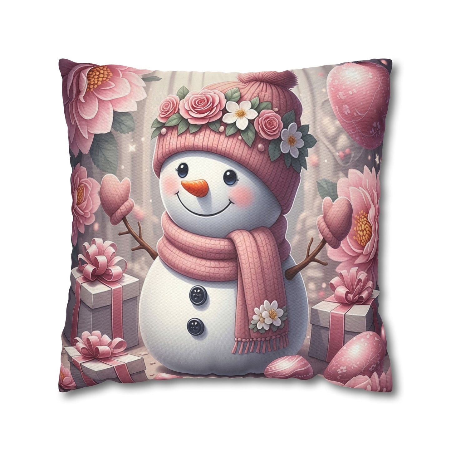 Pink Floral Snowman Christmas Pillowcase | Holiday Decorative Throw Pillow Cover COVER ONLY