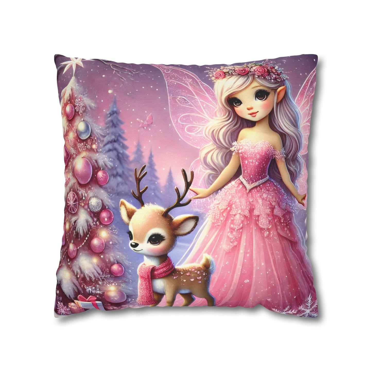 Fairy Princess & Reindeer Christmas Pillowcase | Holiday Decorative Throw Pillow Cover COVER ONLY