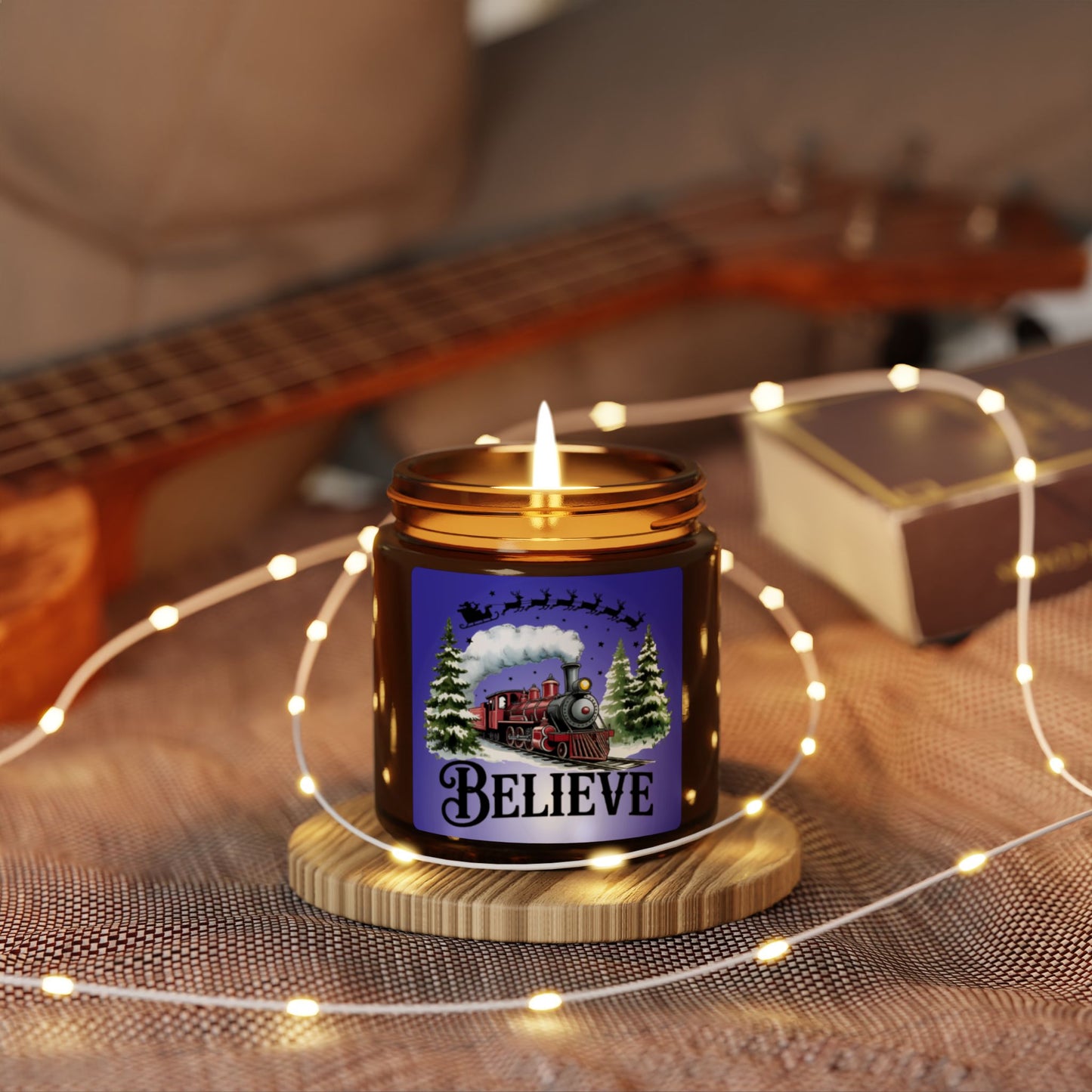 "Believe" Holiday Train Soy Wax Amber Jar Christmas Candle | Christmas Variety Scented Candle, Four Different Scents To Choose