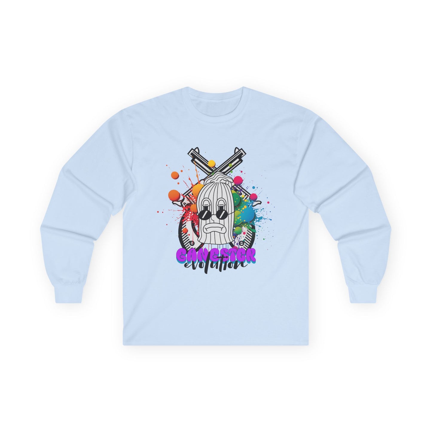 Gangster Graphic Streetwear Long Sleeve Tee | Color Splash Ski Mask with Crossed Guns Shirt