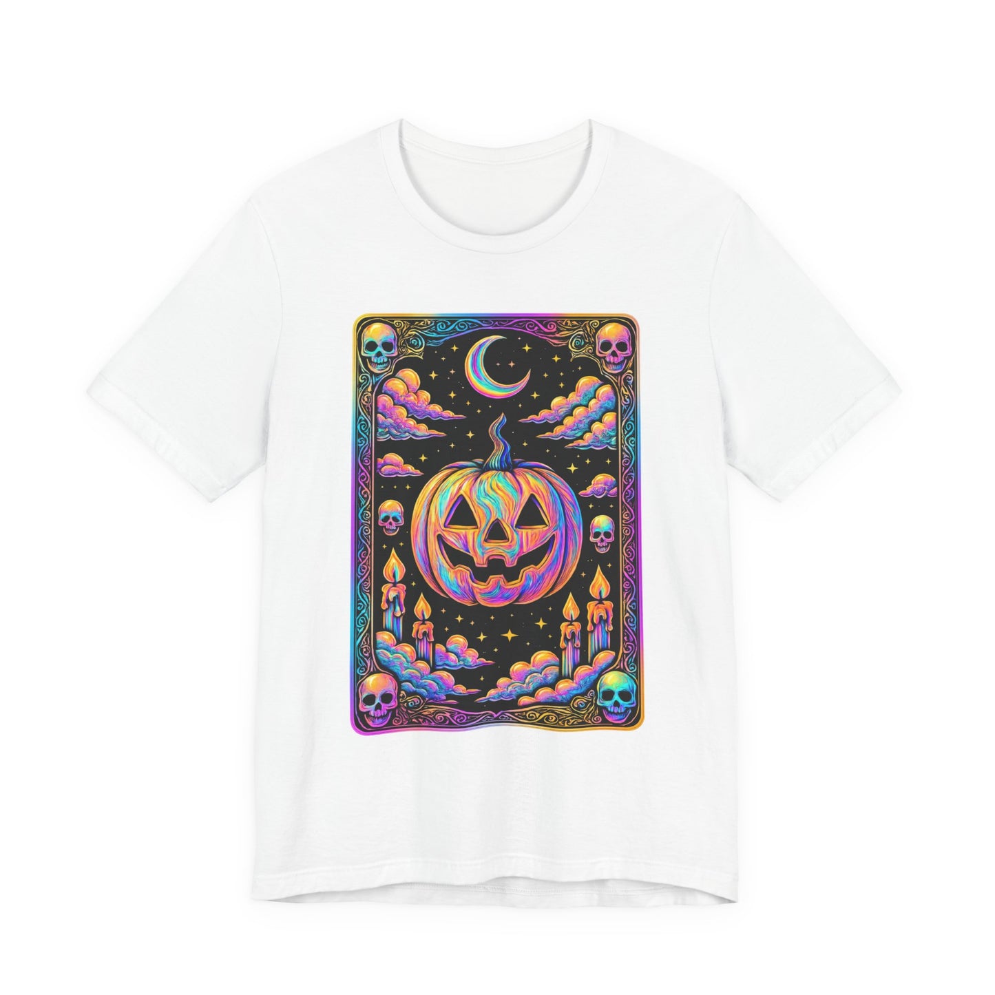 Halloween Pumpkin Tarot Card Graphic Tee, Unisex Short Sleeve T-Shirt, Spooky Vibes, Fall Festival Wear, Trick-or-Treat Shirt, October Celebration