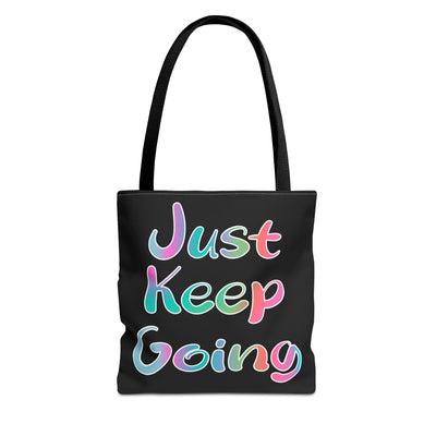 "Just Keep Going" Colorful Motivational Quote Black Tote Bag