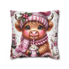 Cute Pink Highland Cow Winter Christmas Pillowcase | Holiday Decorative Throw Pillow Cover COVER ONLY