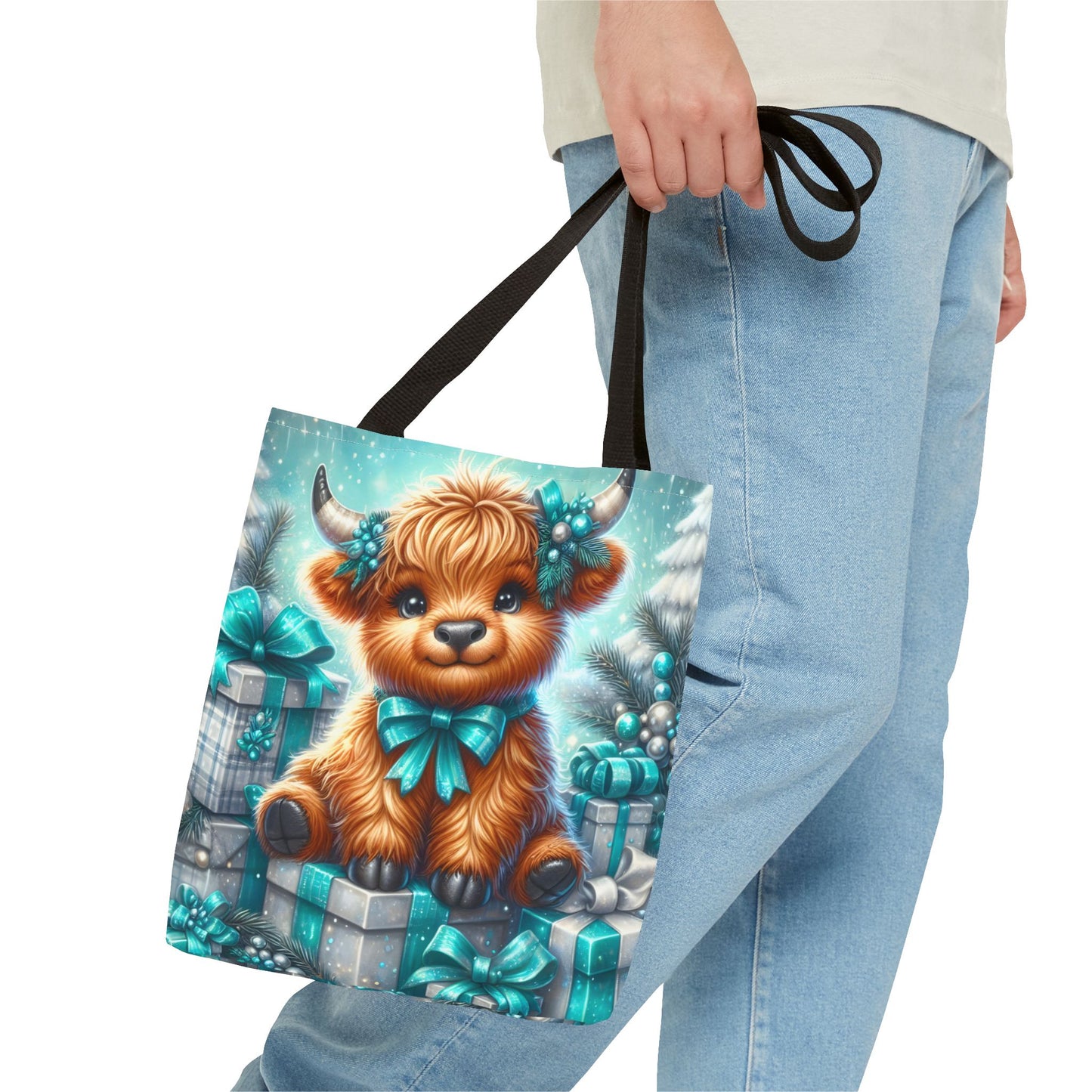 Cute Highland Calf Christmas Tote Bag | Festive Holiday Gift & Shopping Bag