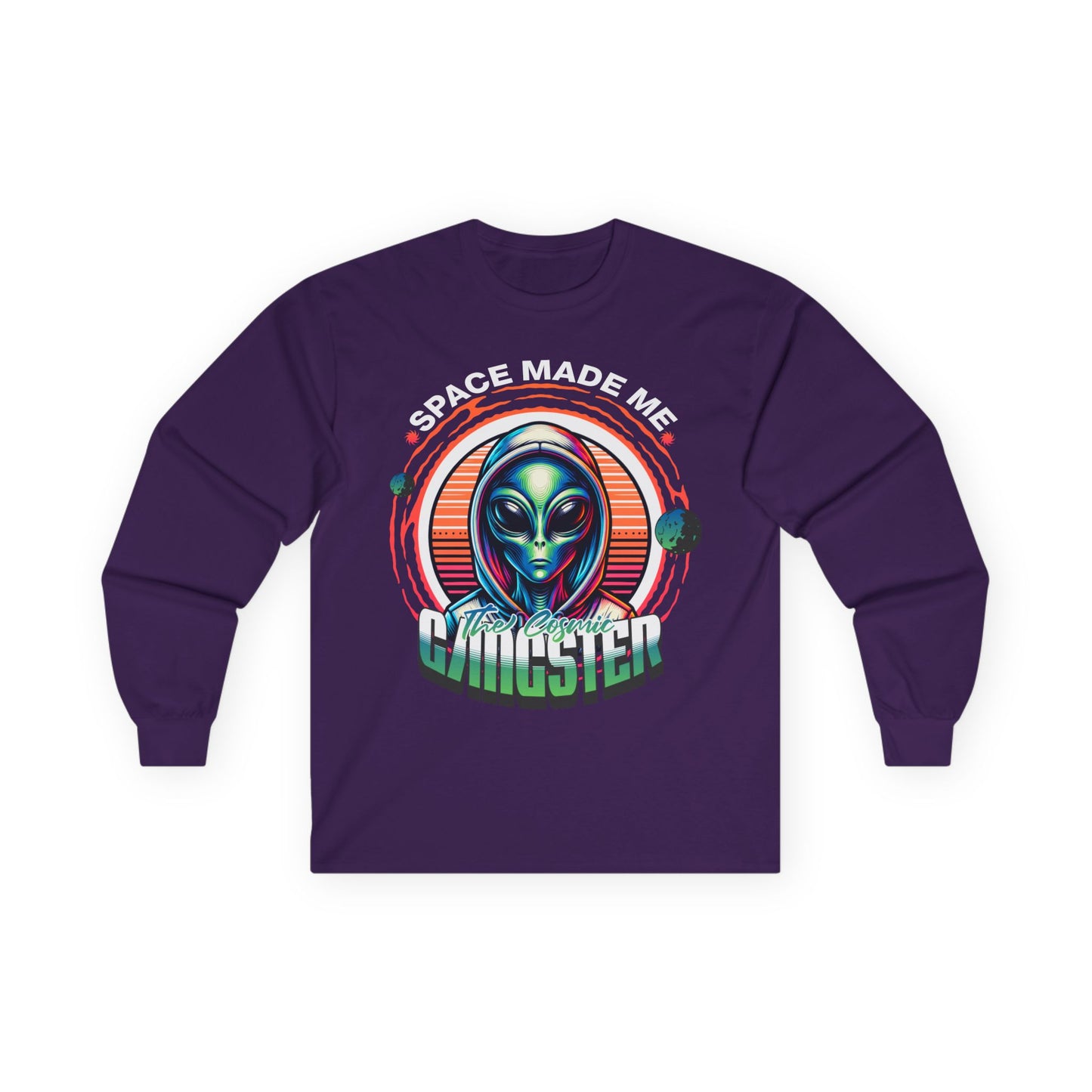 Alien Gangster Long Sleeve Tee | "Space Made Me Gangster" Retro UFO Graphic Sci‑Fi Shirt