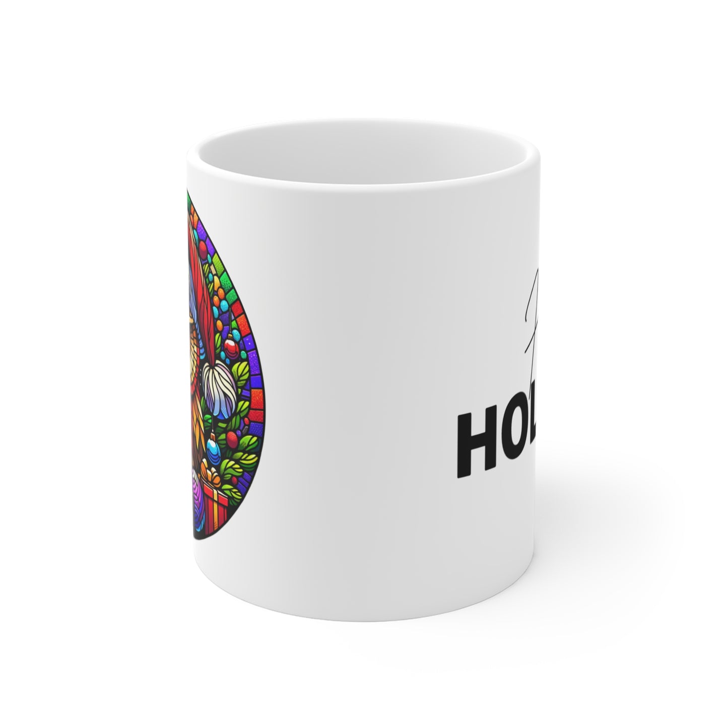 Festive Owl 11oz Christmas Mug  - Holiday Cheer Coffee Cup with Colorful Stained Glass Design