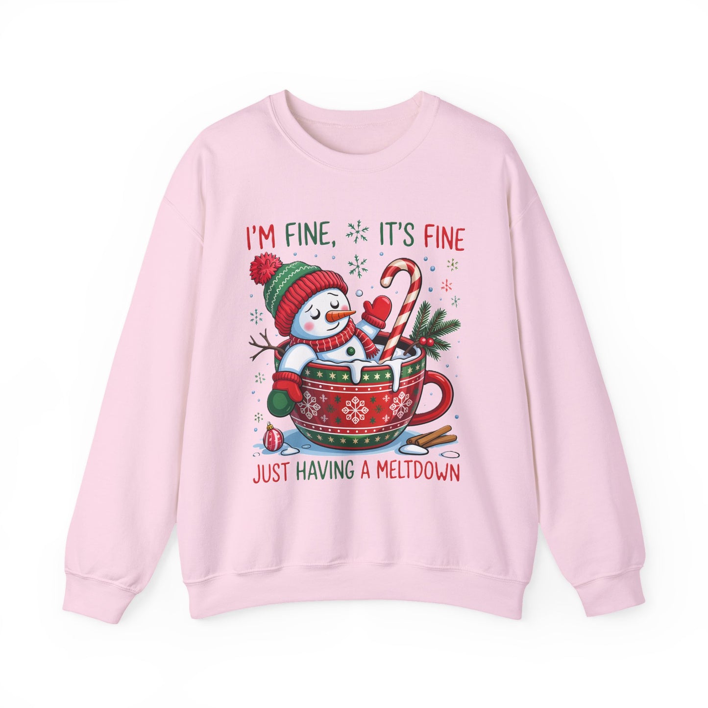 Festive Snowman "I'm Fine, It's Fine" Unisex Crewneck Sweatshirt | Cozy Christmas Holiday Graphic Pullover