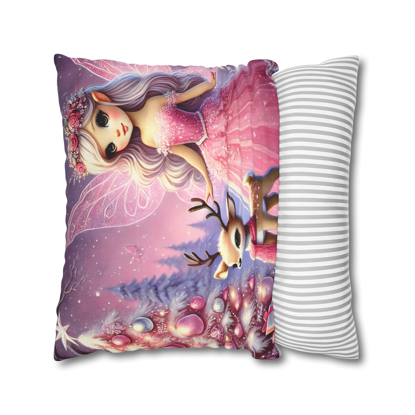 Fairy Princess & Reindeer Christmas Pillowcase | Holiday Decorative Throw Pillow Cover COVER ONLY