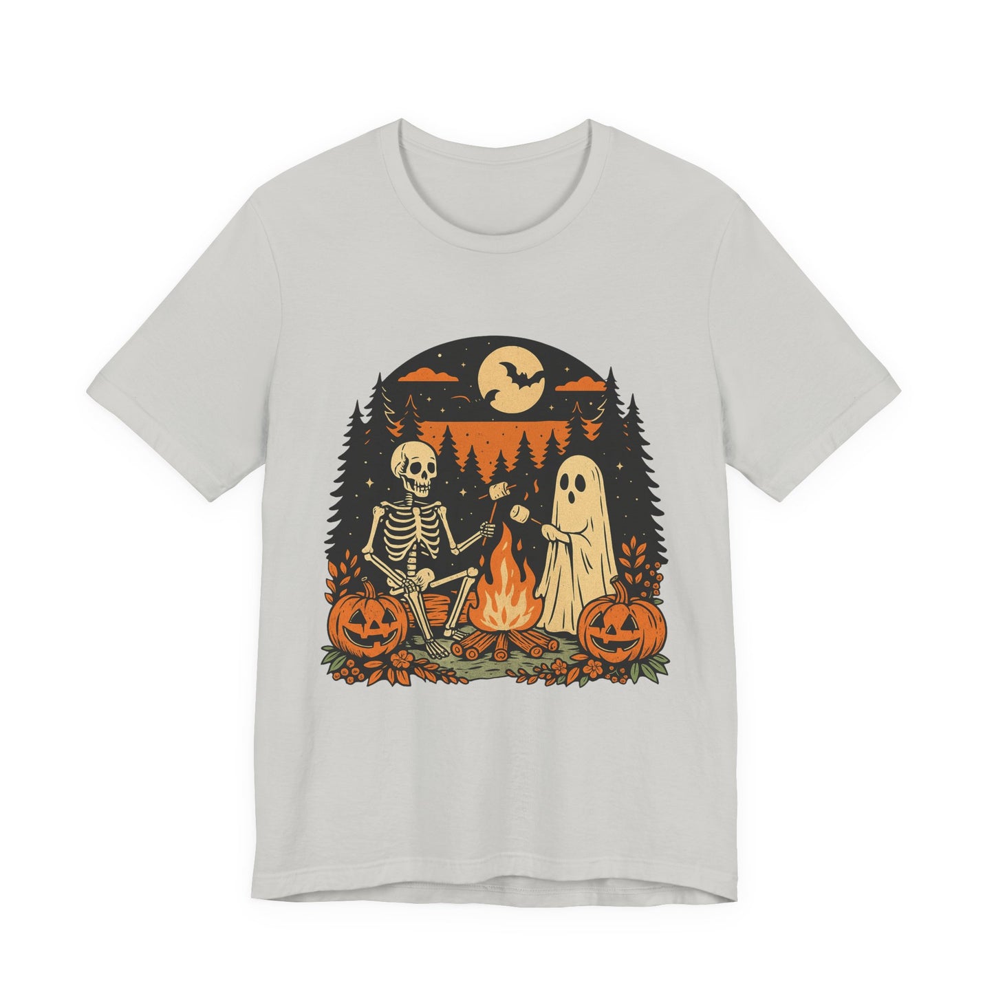 Autumn Campfire Halloween Ghost & Skeleton Tee, Unisex Halloween Shirt, Party T-Shirt, Spooky Season Apparel, Fall Festive Top, Ghoulish Graphic Tee