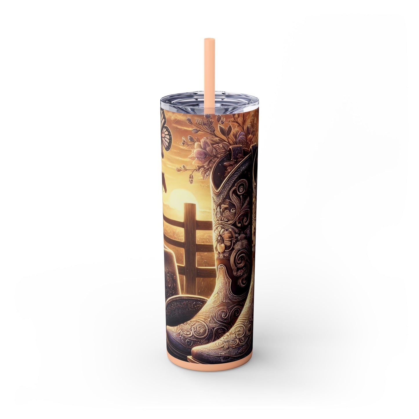 Western-Themed 20oz Skinny Tumbler With Straw, Rustic Cowgirl Drinkware, Stylish Travel Cup, Perfect for Gifting, Barbecue, and Rodeos