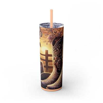 Western-Themed 20oz Skinny Tumbler With Straw, Rustic Cowgirl Drinkware, Stylish Travel Cup, Perfect for Gifting, Barbecue, and Rodeos