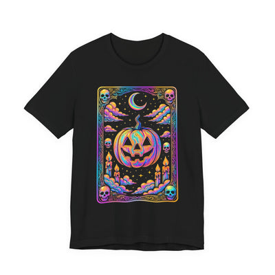 Halloween Pumpkin Tarot Card Graphic Tee, Unisex Short Sleeve T-Shirt, Spooky Vibes, Fall Festival Wear, Trick-or-Treat Shirt, October Celebration