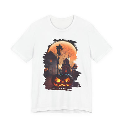 Haunted Halloween Pumpkin Short Sleeve Tee - Unisex Jersey Shirt for Fall, Spooky Season, Halloween Party, Costume, Autumn Style