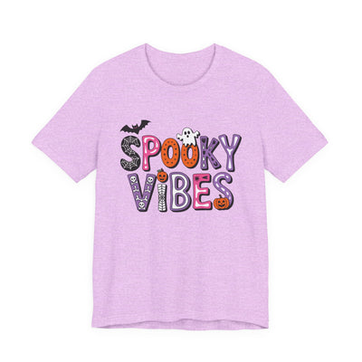 Spooky Vibes Halloween Graphic Tee | Unisex Short Sleeve T-Shirt For Fall Celebrations, Trick or Treat Shirt, Festive Halloween Attire, Ghost and Bat Design