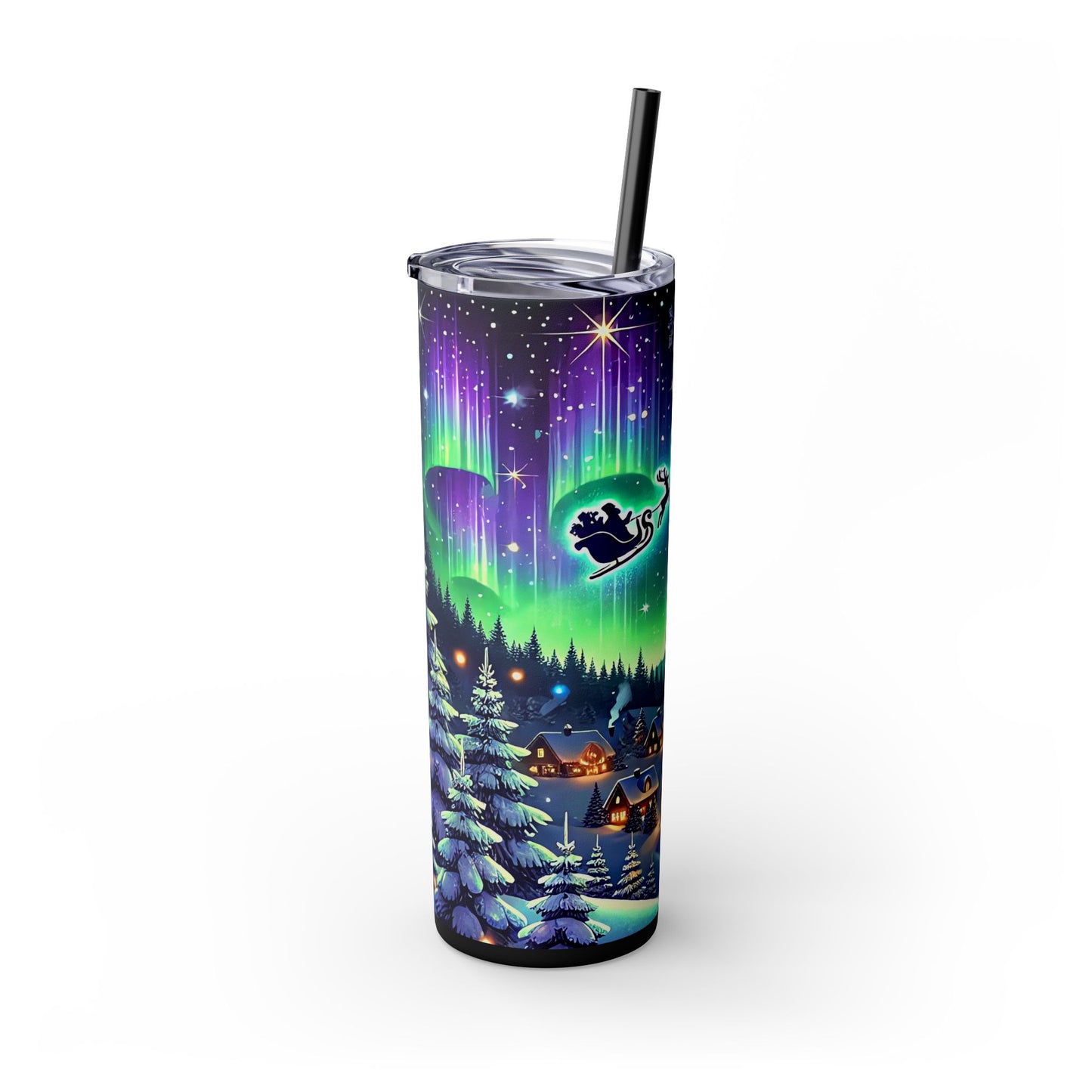 Santa Sleigh Winter Village Northern Lights Christmas 20oz Skinny Tumbler with Straw | Holiday Tumbler Gift For Everyone