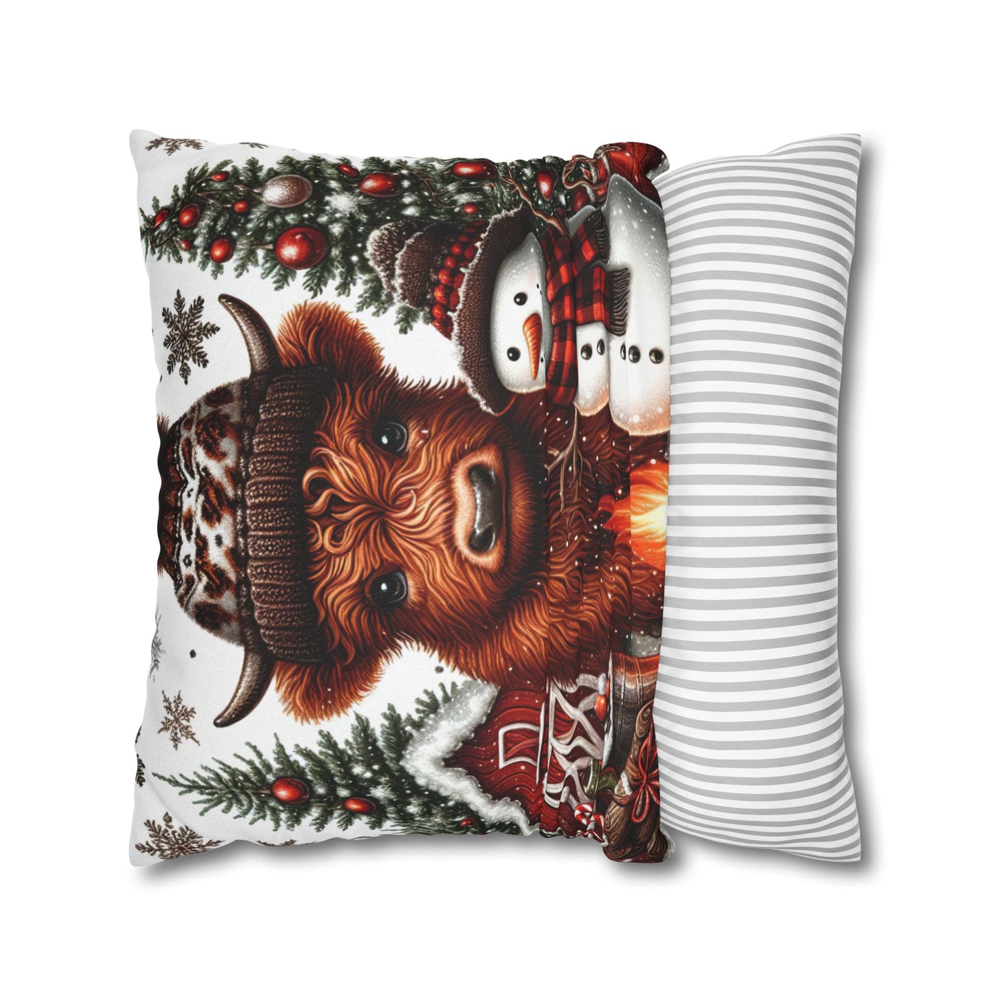 Christmas Highland Cow & Snowman Christmas Pillowcase | Holiday Decorative Throw Pillow Cover COVER ONLY