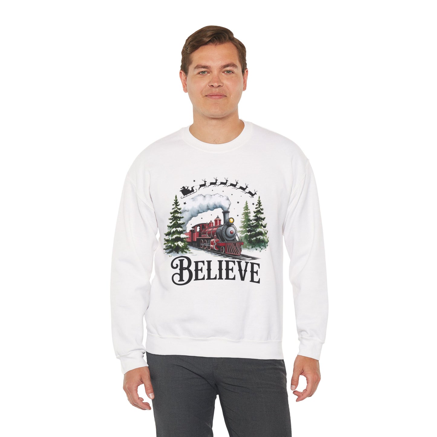 Believe Christmas Train Unisex Crewneck Sweatshirt | Cozy Christmas Holiday Graphic Pullover