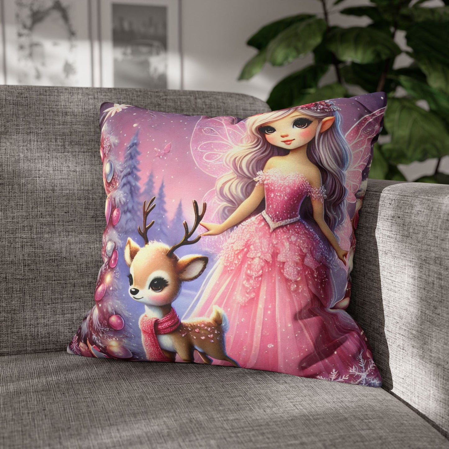 Fairy Princess & Reindeer Christmas Pillowcase | Holiday Decorative Throw Pillow Cover COVER ONLY