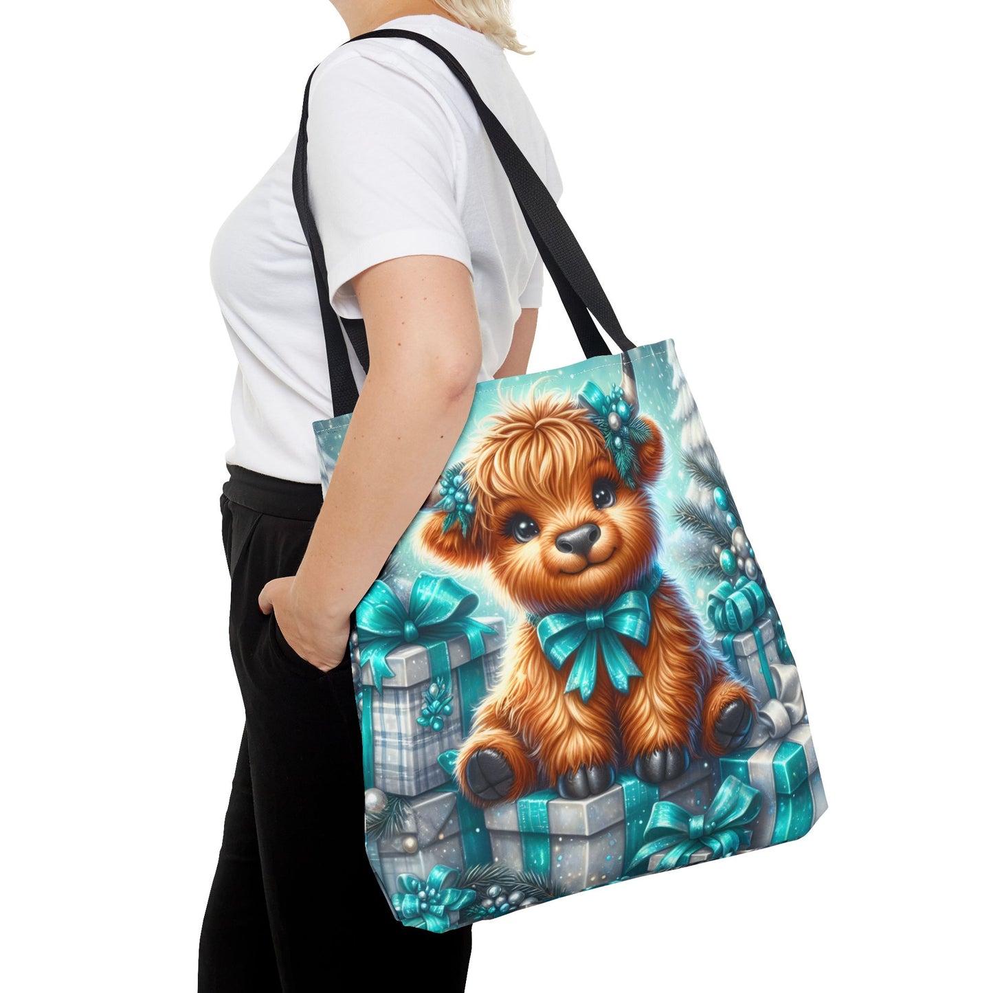 Cute Highland Calf Christmas Tote Bag | Festive Holiday Gift & Shopping Bag