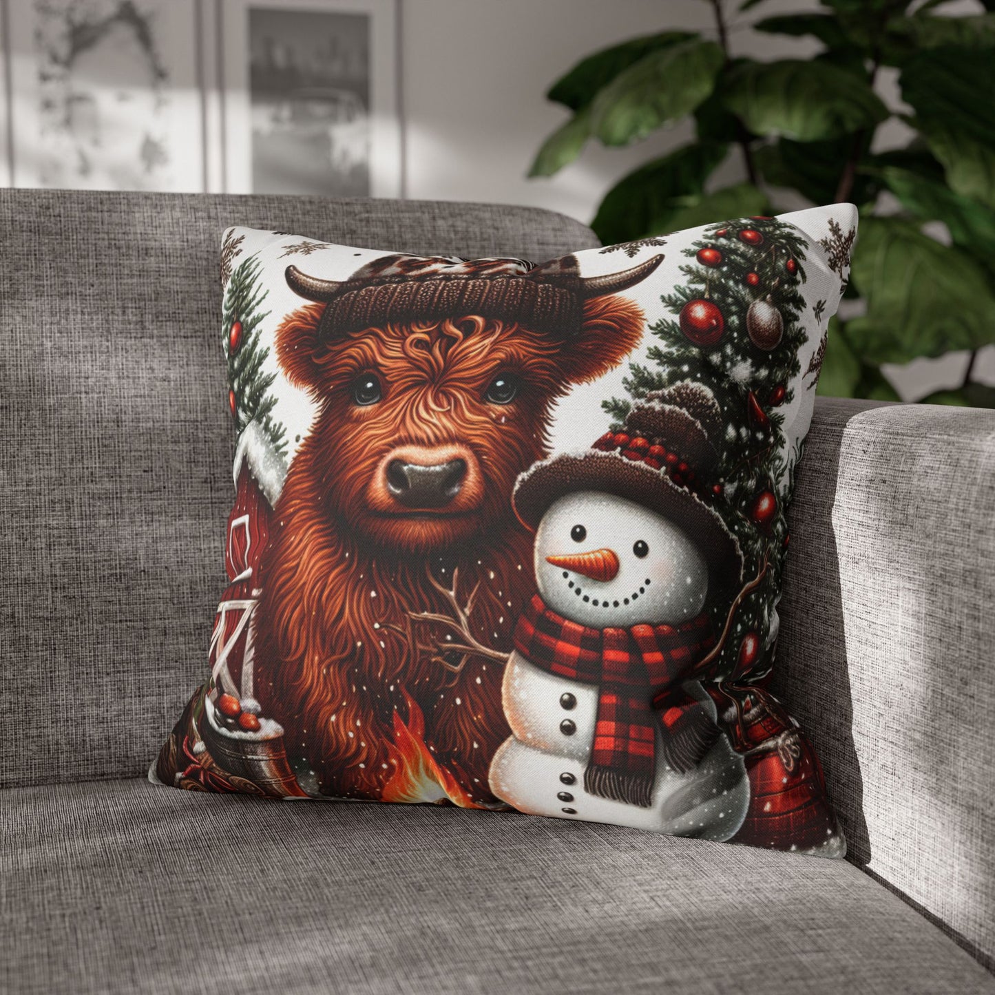 Christmas Highland Cow & Snowman Christmas Pillowcase | Holiday Decorative Throw Pillow Cover COVER ONLY