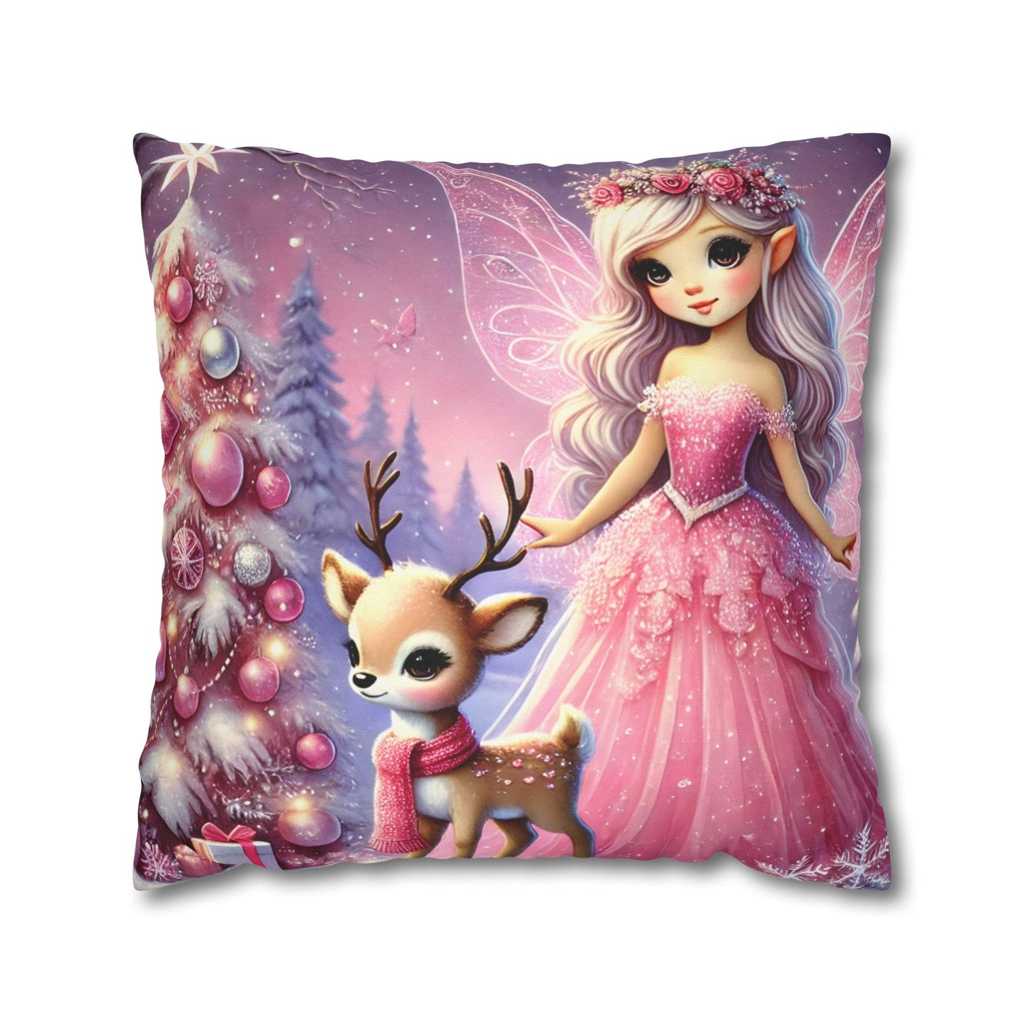 Fairy Princess & Reindeer Christmas Pillowcase | Holiday Decorative Throw Pillow Cover COVER ONLY