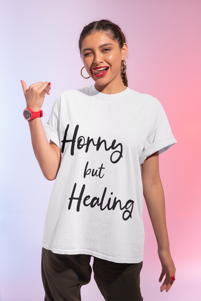 "Horny but Healing" Sarcastic Unisex Adult Jersey Knit Short Sleeve T-Shirt
