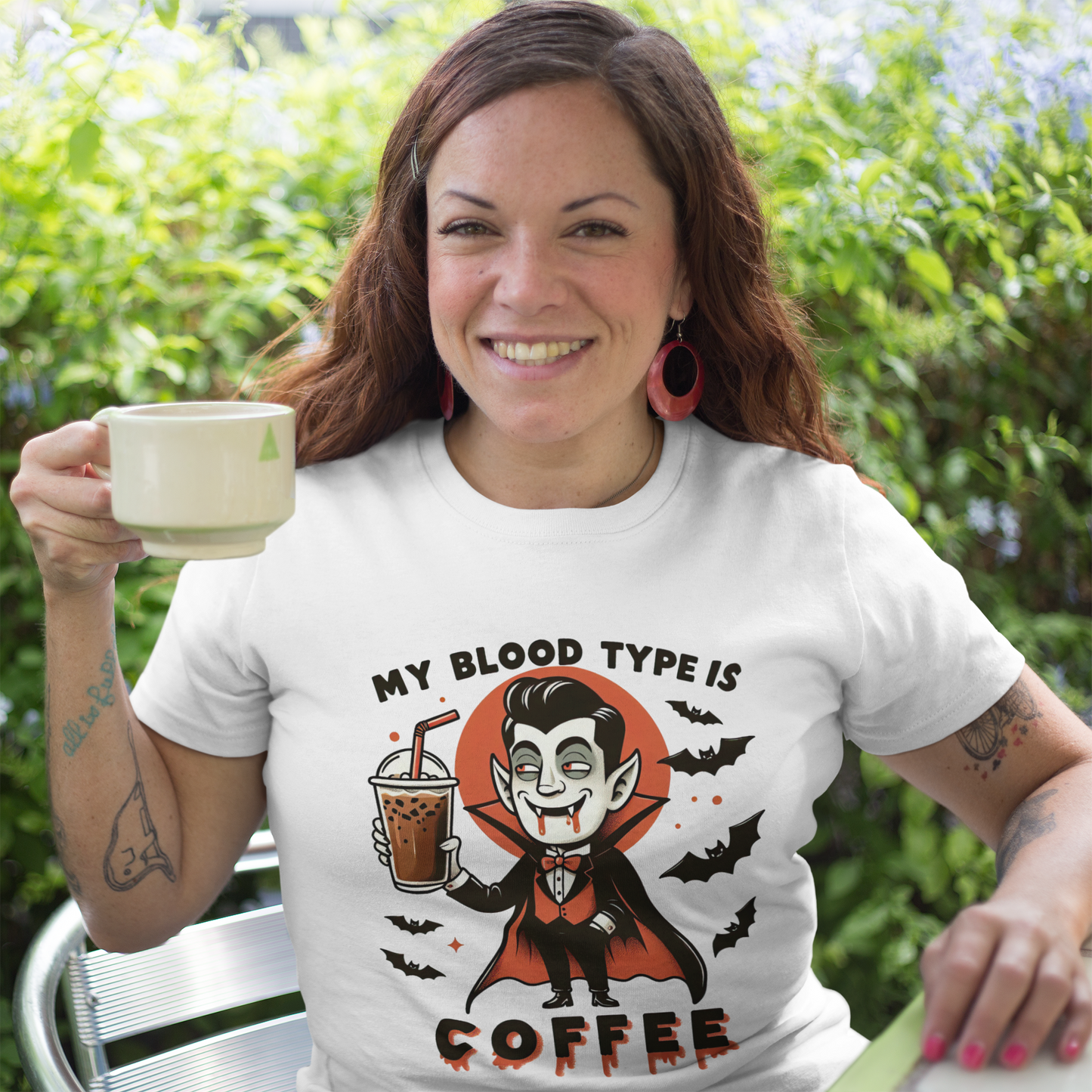 My Blood Type Is Coffee Vampire Tee, Halloween T-Shirt, Funny Graphic Shirt, Unisex Short Sleeve Top, Perfect Gift for Coffee Lovers
