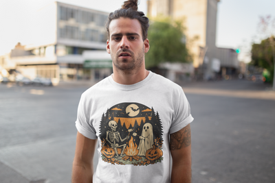 Autumn Campfire Halloween Ghost & Skeleton Tee, Unisex Halloween Shirt, Party T-Shirt, Spooky Season Apparel, Fall Festive Top, Ghoulish Graphic Tee