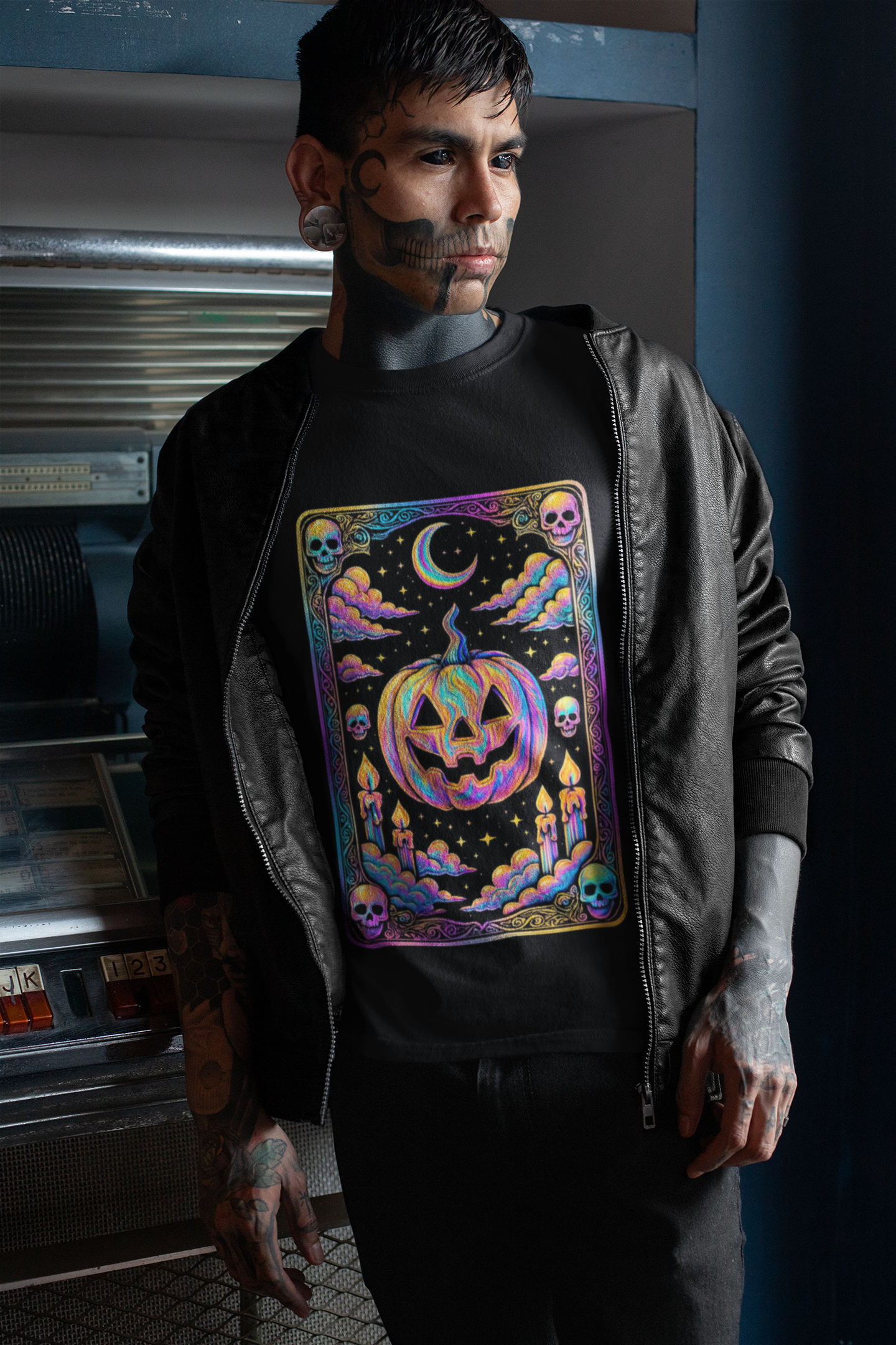 Halloween Pumpkin Tarot Card Graphic Tee, Unisex Short Sleeve T-Shirt, Spooky Vibes, Fall Festival Wear, Trick-or-Treat Shirt, October Celebration
