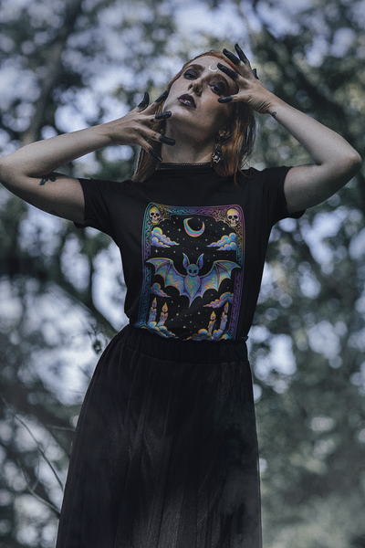 Mystical Bat Tarot Card Tee - Unisex Short Sleeve T-Shirt, Halloween Shirt, Gift for Bat Lovers, Spooky Apparel, Gothic Clothing