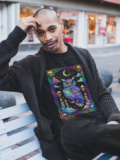 Tarot Card Owl Tee, Cozy Graphic T-Shirt, Festival Wear, Unisex Casual Top, Halloween Apparel, Unique Gift Idea