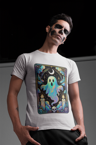 Ghostly Vibes Tarot Card Unisex Tee | Halloween Shirt, Casual Wear, Gift for Spooky Season, Unique Graphic Tee, Fall Apparel