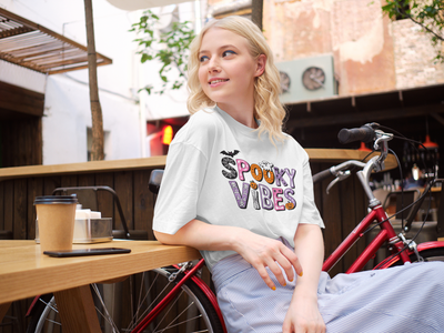 Spooky Vibes Halloween Graphic Tee | Unisex Short Sleeve T-Shirt For Fall Celebrations, Trick or Treat Shirt, Festive Halloween Attire, Ghost and Bat Design