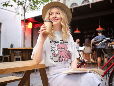 Funny Coffee Octopus Graphic Tee | Unisex Short Sleeve T-Shirt, Calm Down It's Just Coffee Shirt, Cute Graphic Top, Unisex Casual Wear