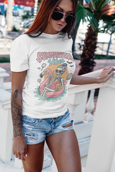 Summer Vibes Skeleton Graphic Tee | Unisex Short Sleeve T-Shirt, Summer Party Shirt, Halloween Costume Tee, Beachwear