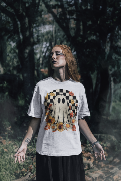 Cute Checkered Ghost Fall Graphic Tee | Unisex Short Sleeve T-Shirt, Halloween Shirt, Floral Graphic Tee, Fall Apparel, Pumpkin Patch Outfit