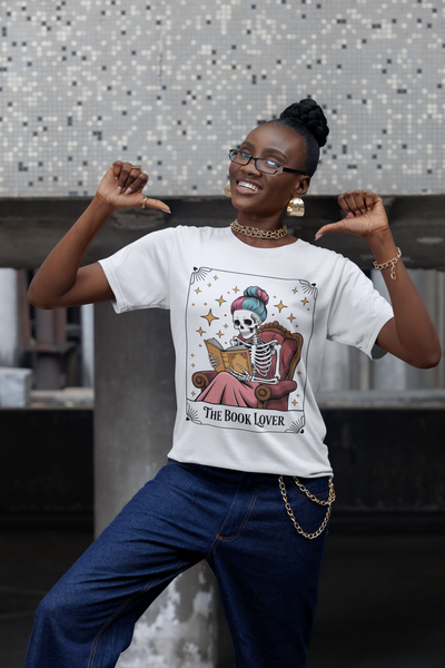 Skeleton Book Lover Tarot Graphic Tee | Unisex Short Sleeve T-Shirt, Cute Graphic Shirt for Readers, Halloween Gift, Literary Tee, Spooky Aesthetic Apparel