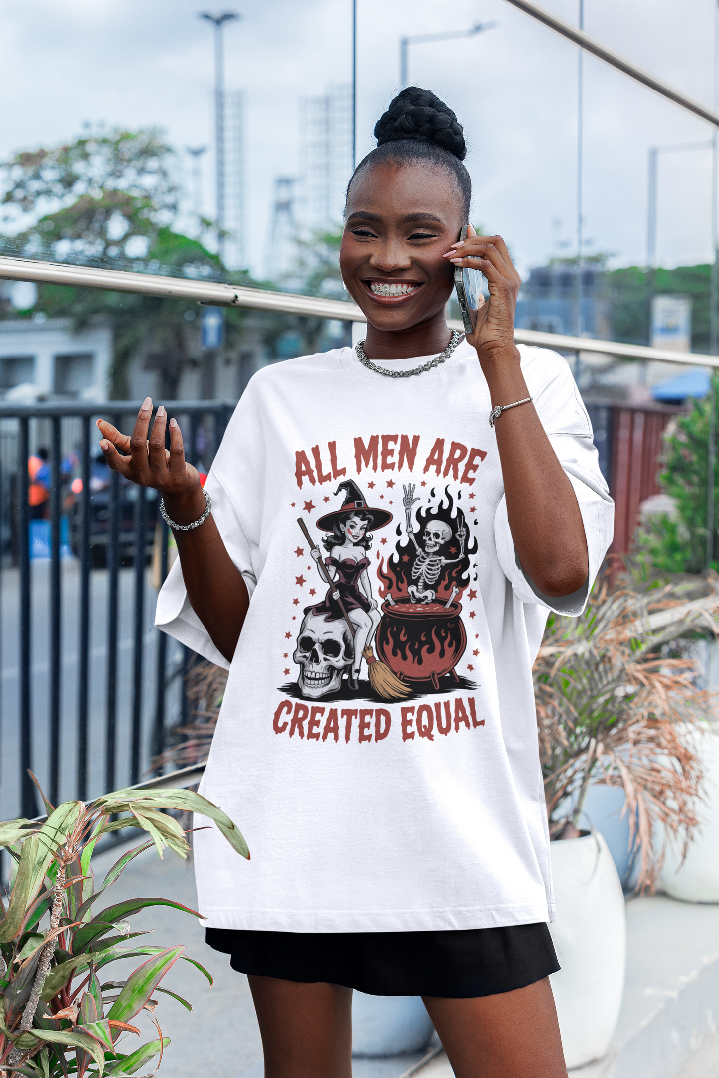 "All Men Are Created Equal" Witchy Graphic Tee | Unisex Short Sleeve T-Shirt with Skeletons, Unisex Casual Wear, Spooky Party T-Shirt, Pumpkin Spice Apparel, Unique Gift Idea