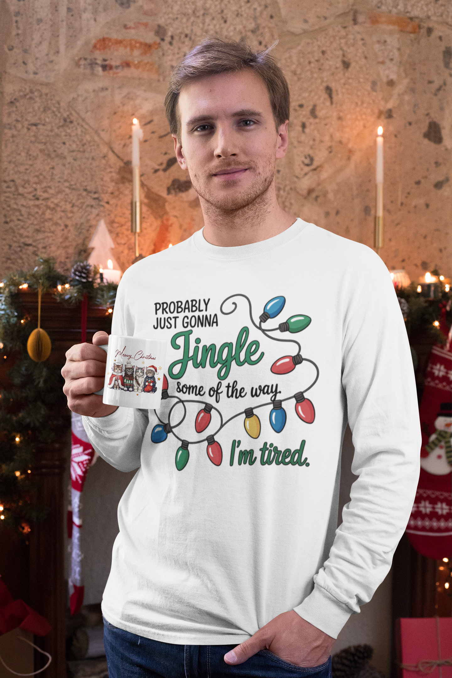 Jingle Bell Lights Funny Unisex Long Sleeve Tee | Humor Holiday Shirt, Probably Just Gonna Jingle Some Of The Way, I'm Tired