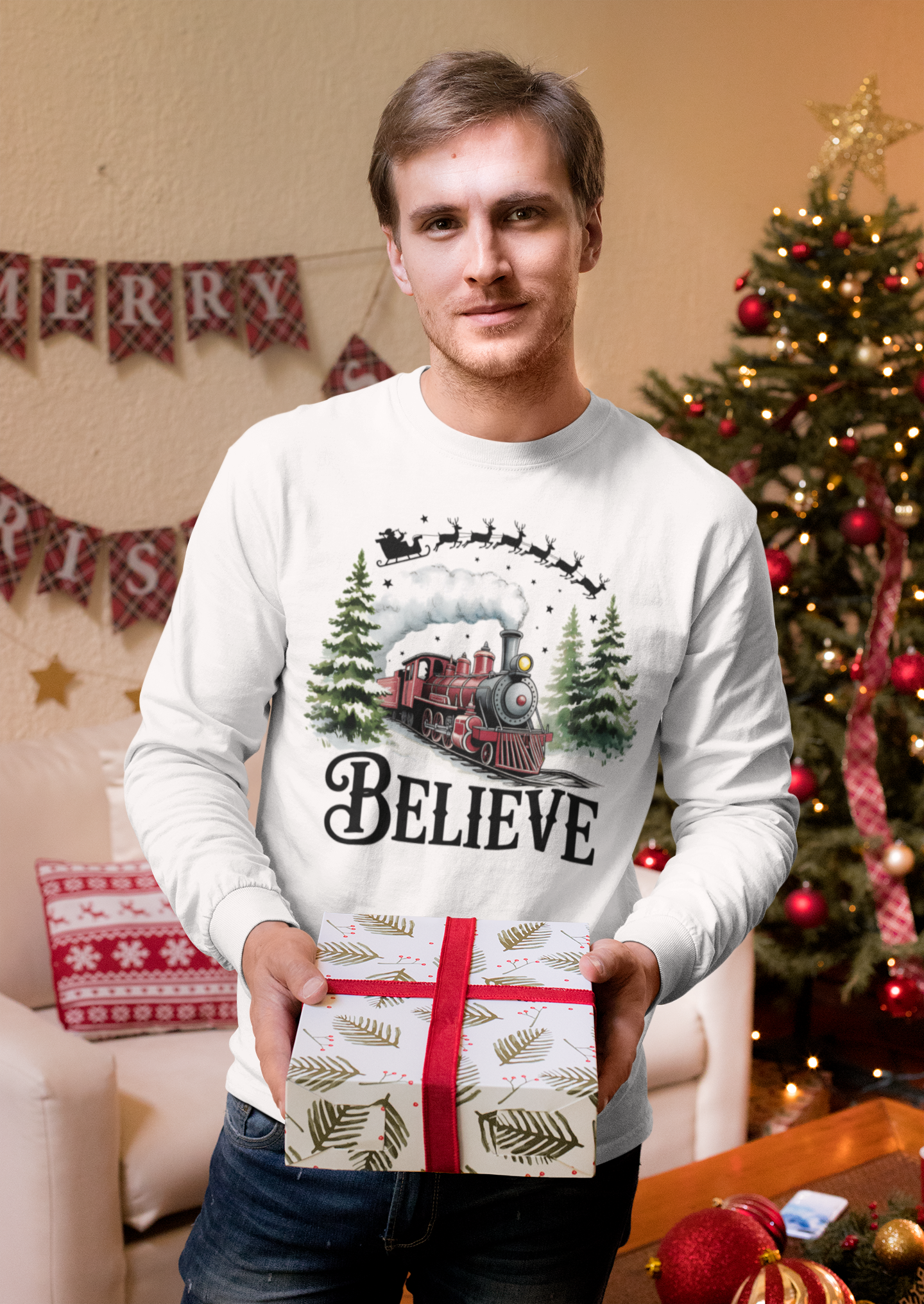 "Believe" Holiday Unisex Long Sleeve Tee | Christmas Shirt, Christmas Train Long Sleeve Shirt