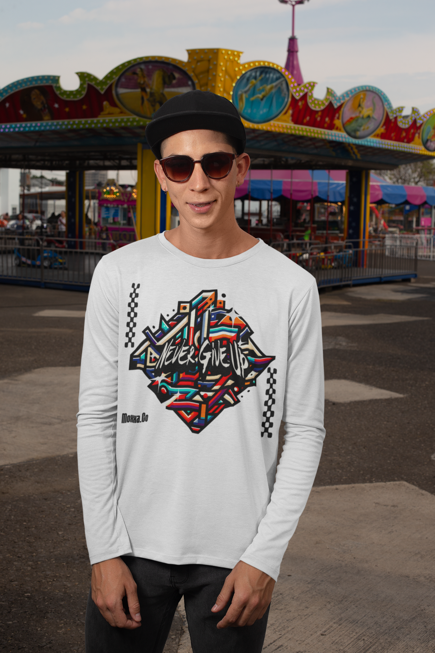 "Never Give Up" Geometric Graphic Long Sleeve Tee | Motivational Abstract Art Unisex T-Shirt