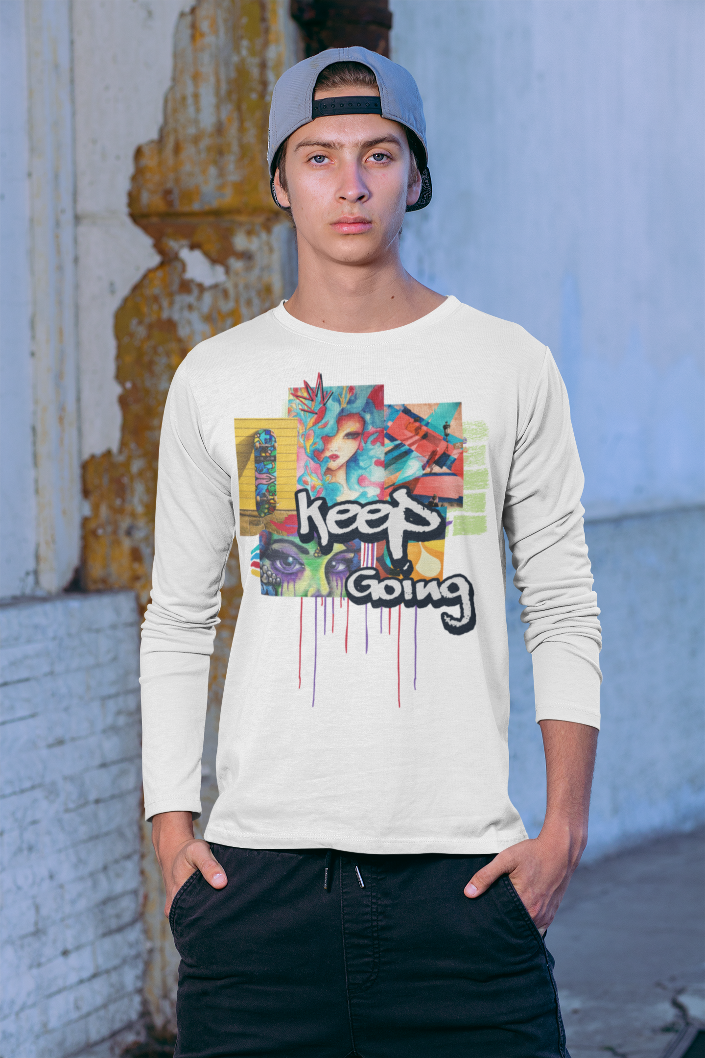 "Keep Going" Streetwear Art Collage Unisex Long Sleeve Tee | Streetwear Long Sleeved Shirt, Urban Clothing